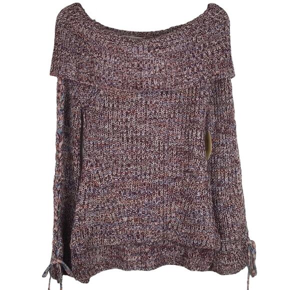 NWT American Rag Off the Shoulder Sweater Rib Knit Bell Sleeves Maroon Multi XS - Picture 1 of 10
